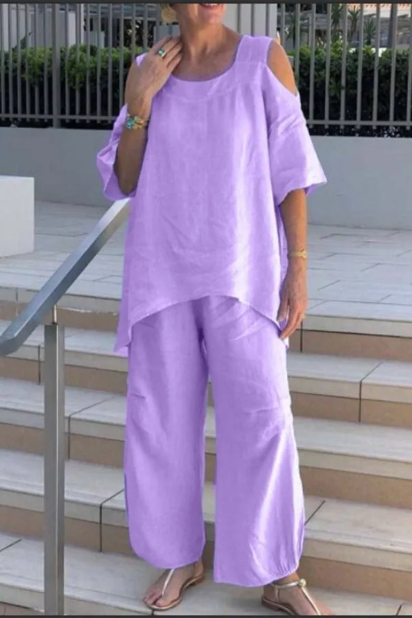 Half Sleeve Solid Color Casual Pant Suits