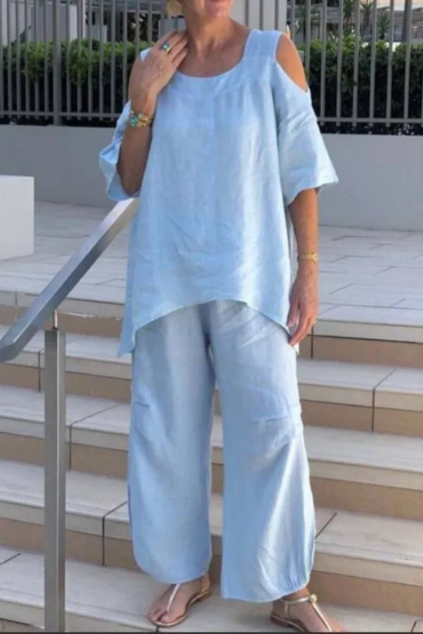 Half Sleeve Solid Color Casual Pant Suits