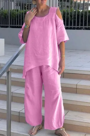 Half Sleeve Solid Color Casual Pant Suits