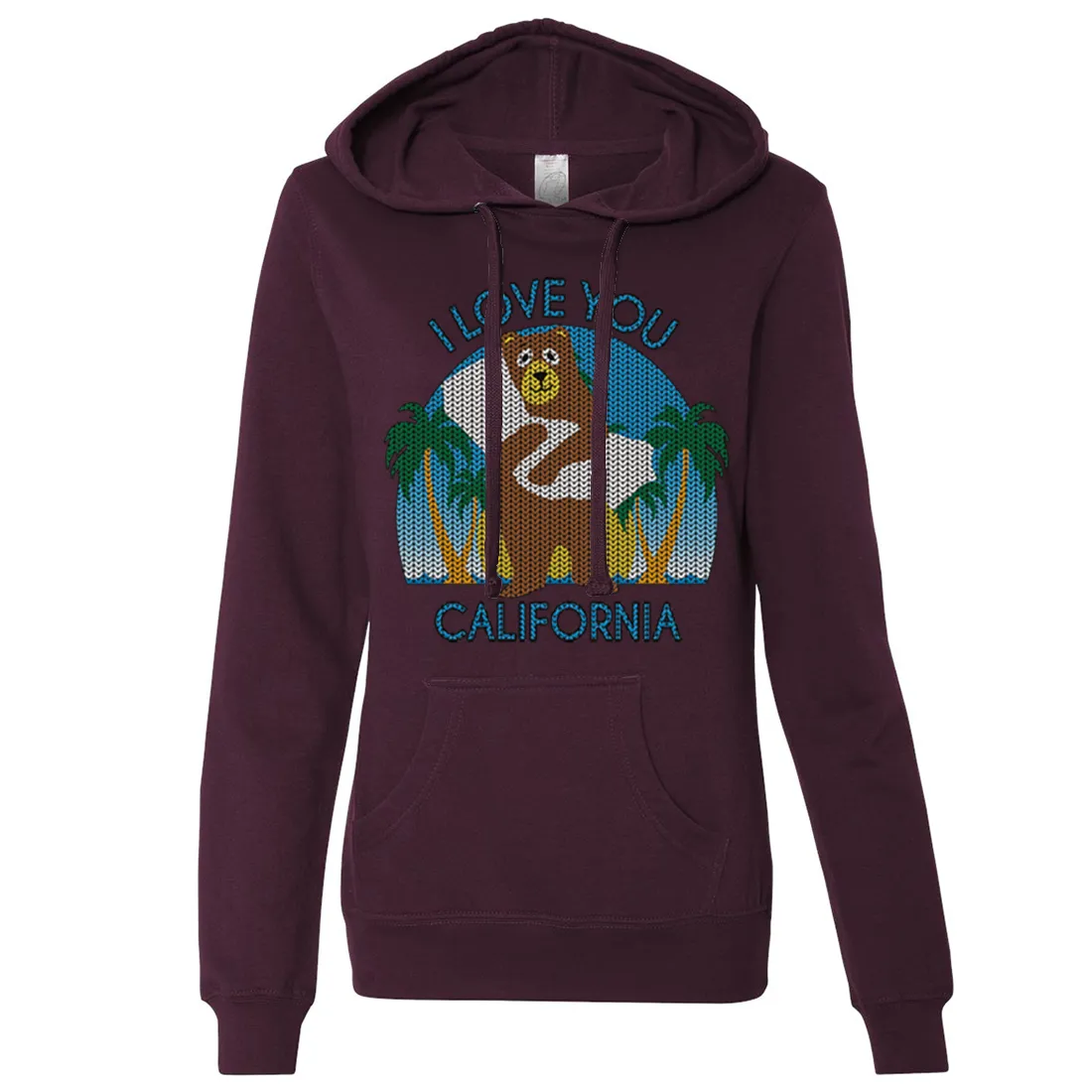 I Love You CA Knit Style Bear Ladies Lightweight Fitted Hoodie