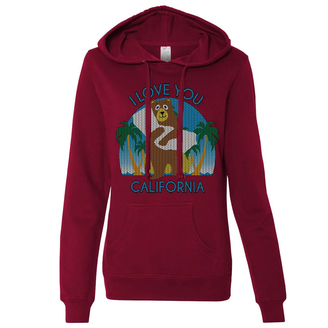 I Love You CA Knit Style Bear Ladies Lightweight Fitted Hoodie