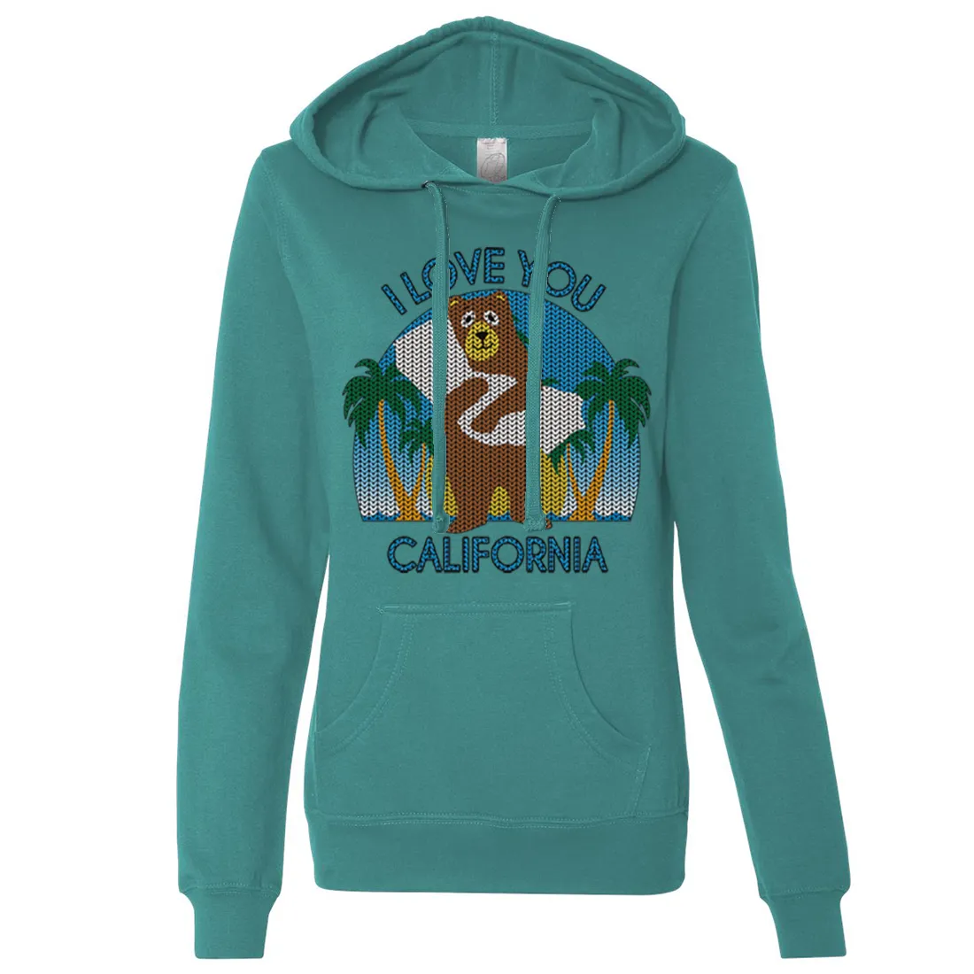 I Love You CA Knit Style Bear Ladies Lightweight Fitted Hoodie