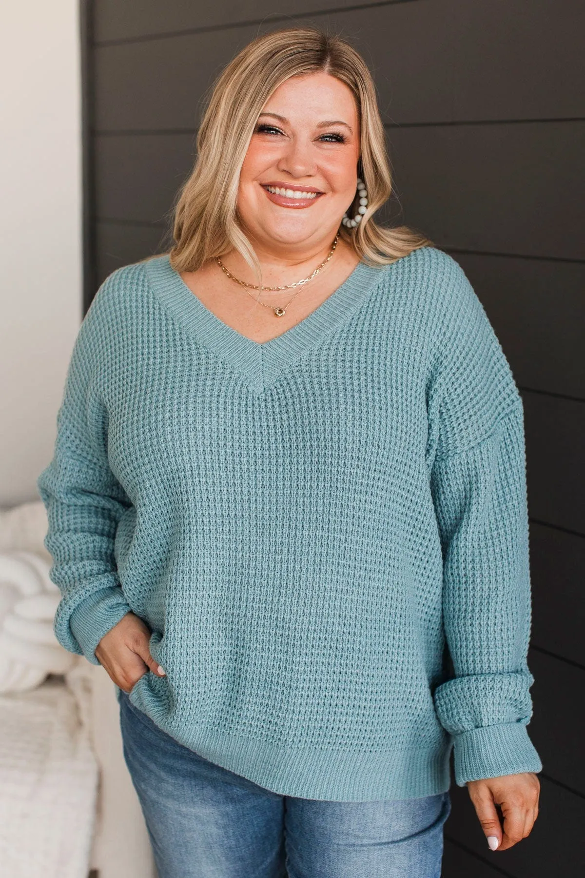 Inspiring Love V-Neck Sweater- Dusty Teal