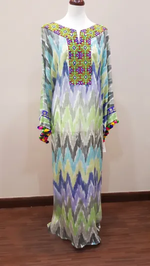 Italian Linen Aqua tone Summer Kaftan with Embroidery