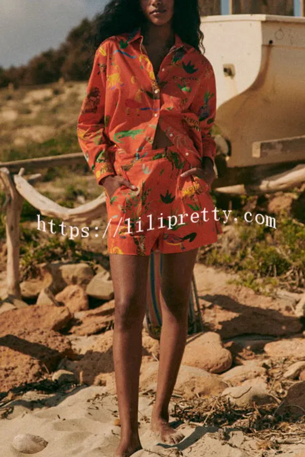 Jungle Adventure Linen Blend Unique Print Blouse and Back Elastic Waist Pocketed Shorts Set