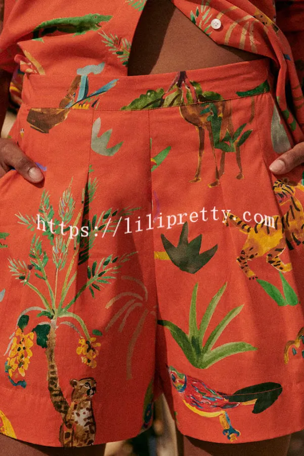 Jungle Adventure Linen Blend Unique Print Blouse and Back Elastic Waist Pocketed Shorts Set