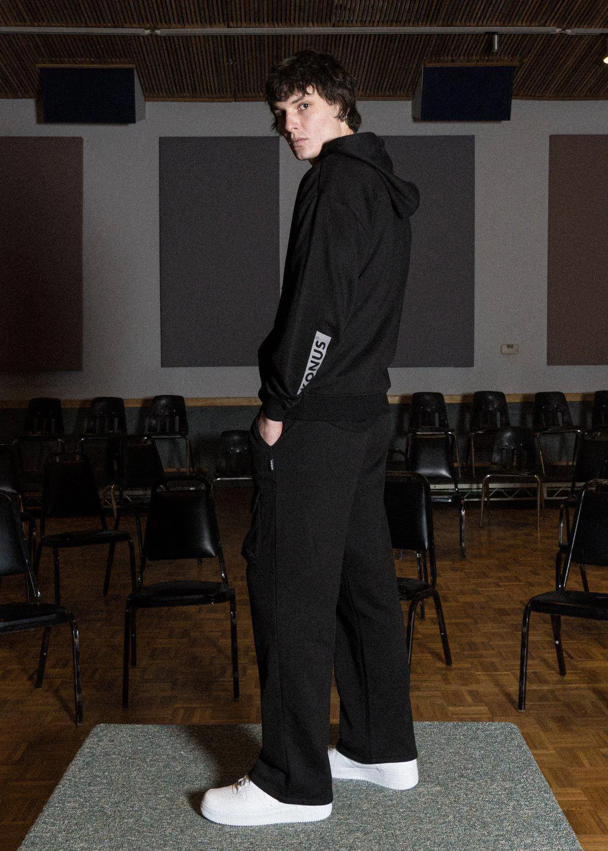 Konus Men's Logo Print Patch Hoodie in Black