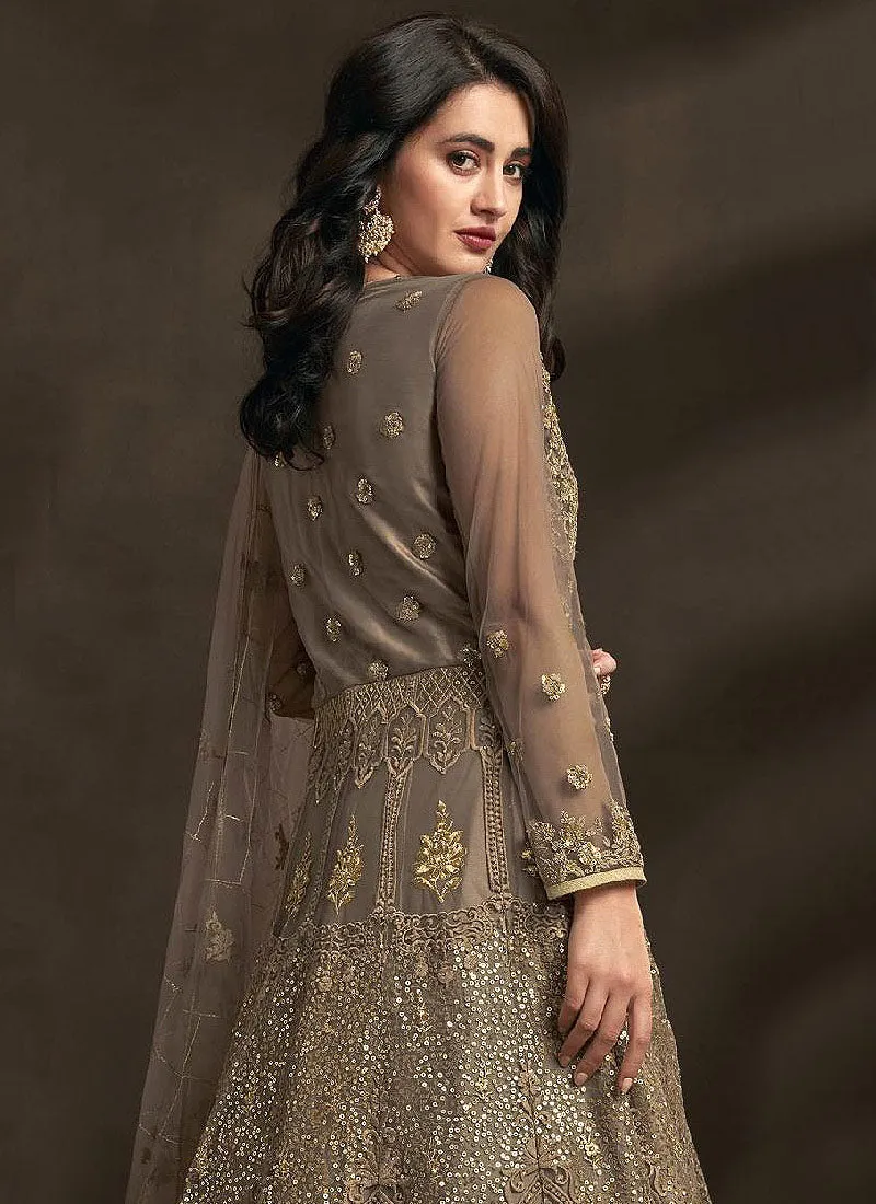 Light Brown Designer Embroidered Anarkali Suit