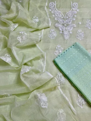 Light Green Embroided Cotton Kota Doria Suit With Dupatta