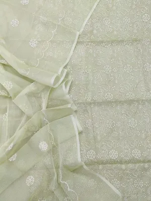 Light Green Hand Embroided Kota Doria Suit With Dupatta
