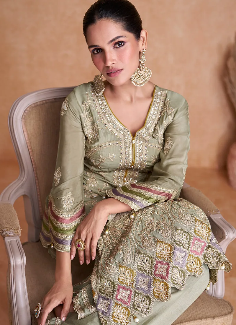 Light Green Multi Embroidery Traditional Pant Style Suit