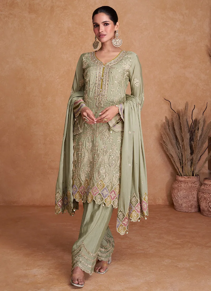 Light Green Multi Embroidery Traditional Pant Style Suit