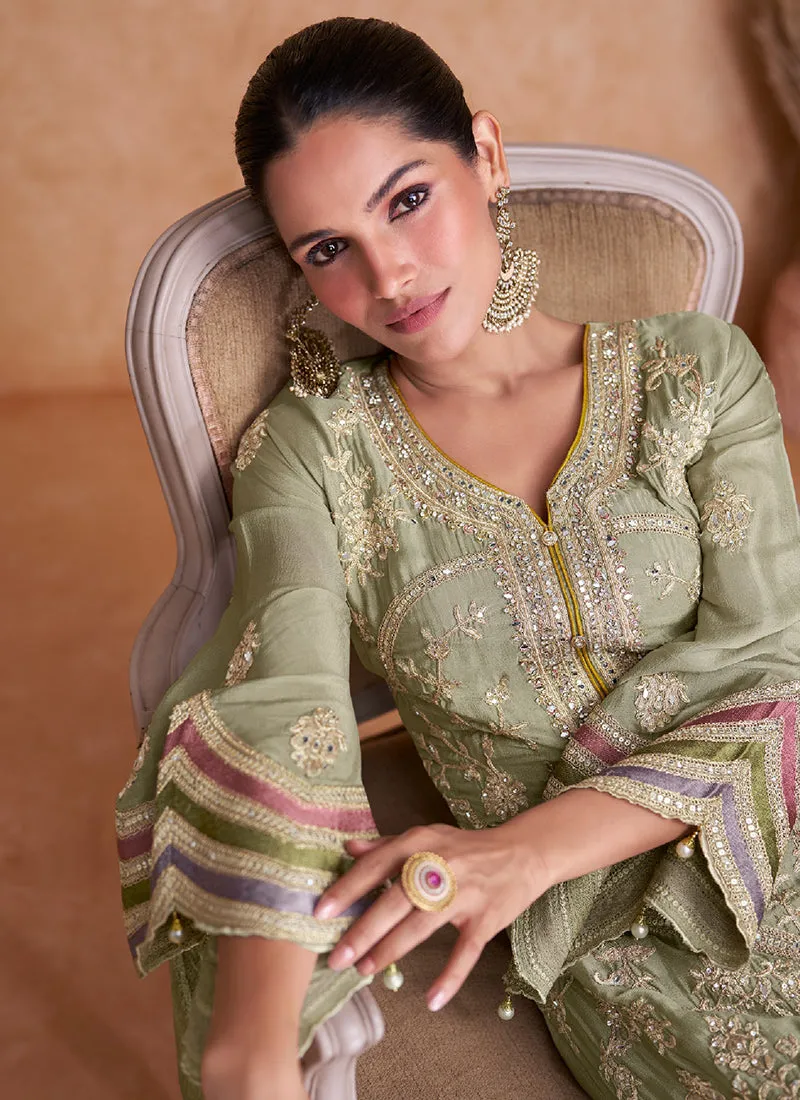 Light Green Multi Embroidery Traditional Pant Style Suit