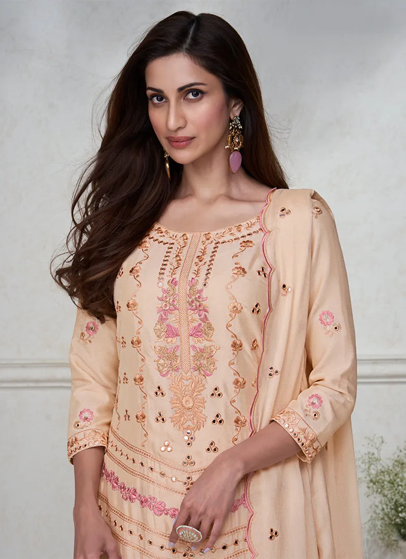 Light Peach Thread And Sequence Embroidery Palazzo Suit