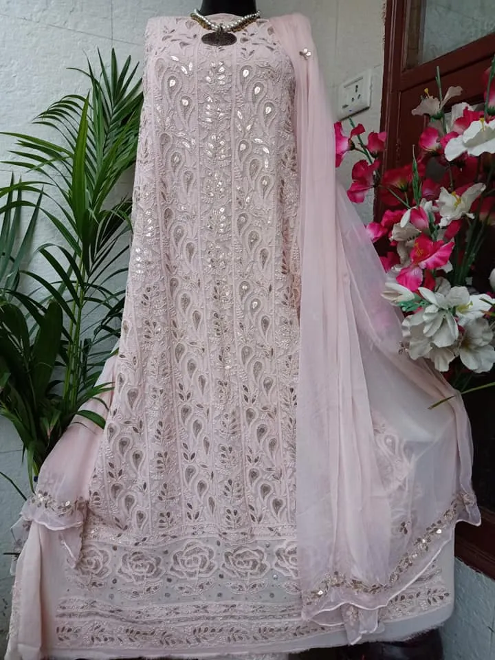 Light Pink Viscose Georgette Chinkari Gota Patti Salwar Suit Fabric