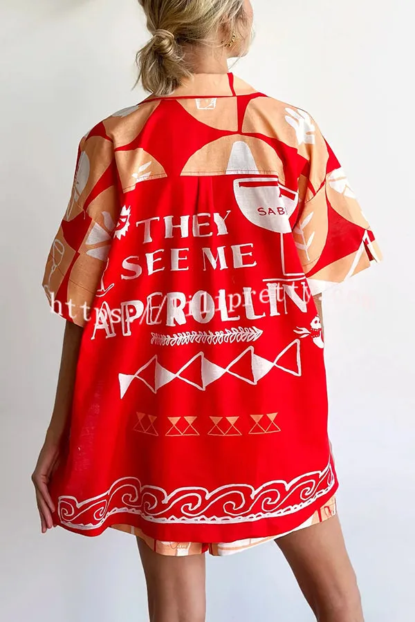 Linen Blend Unique Printed Shirt Top and Elastic Waisted Loose Pocket Shorts Set