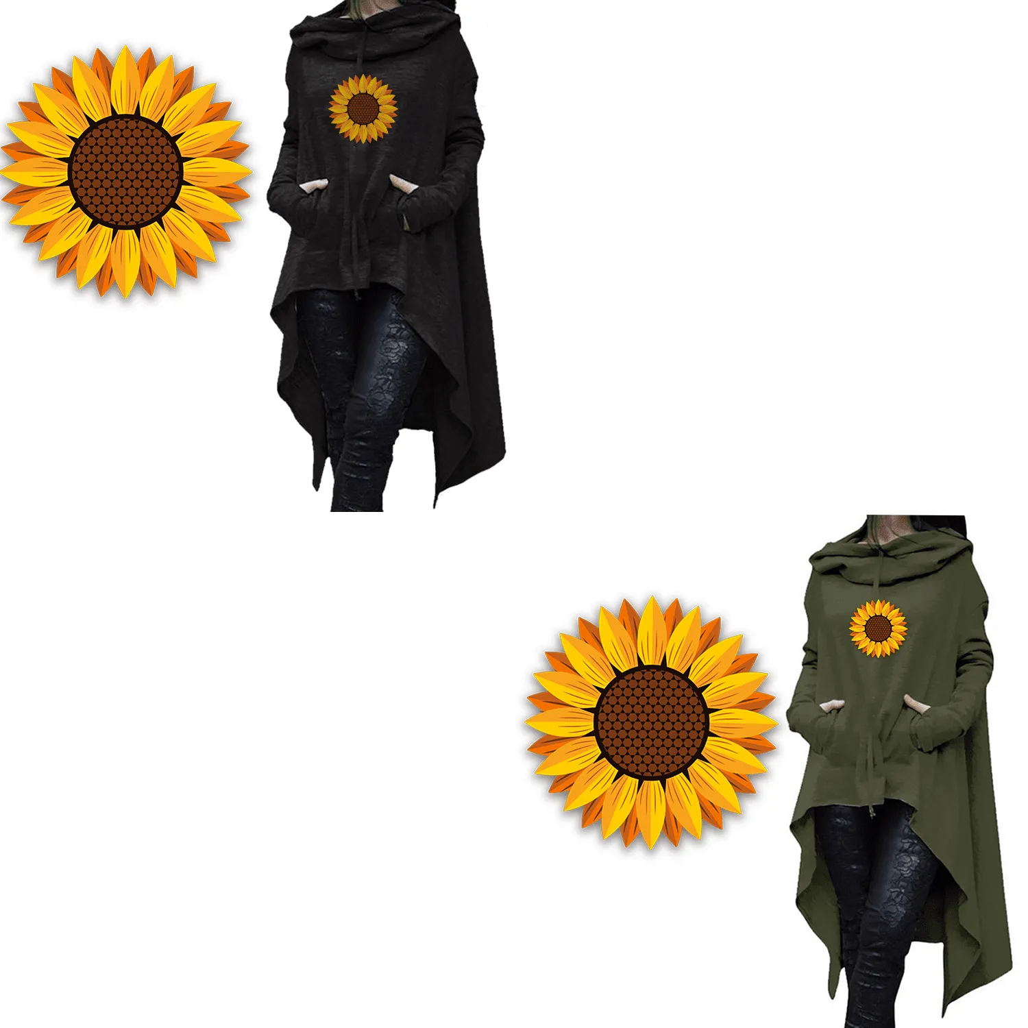 Long Hoodie Sunflower  Black