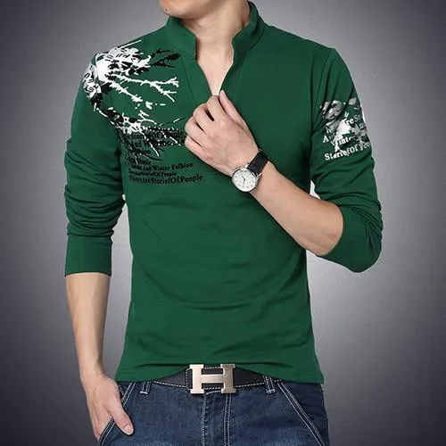 Men's Fashion Print High Collar V-Neck Polo Up To 5XL