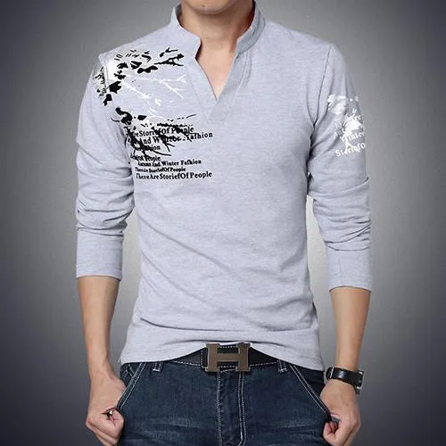 Men's Fashion Print High Collar V-Neck Polo Up To 5XL