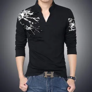 Men's Fashion Print High Collar V-Neck Polo Up To 5XL