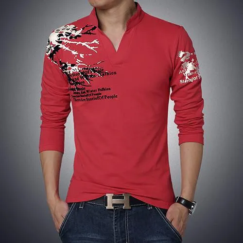 Men's Fashion Print High Collar V-Neck Polo Up To 5XL