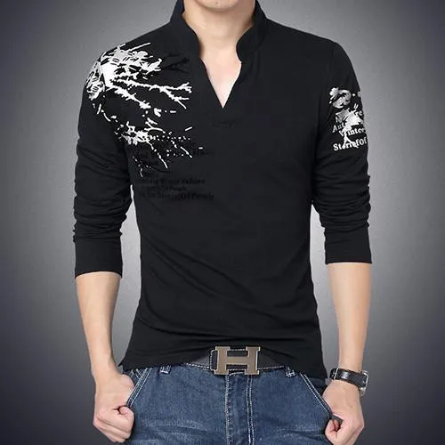 Men's Fashion Print High Collar V-Neck Polo Up To 5XL