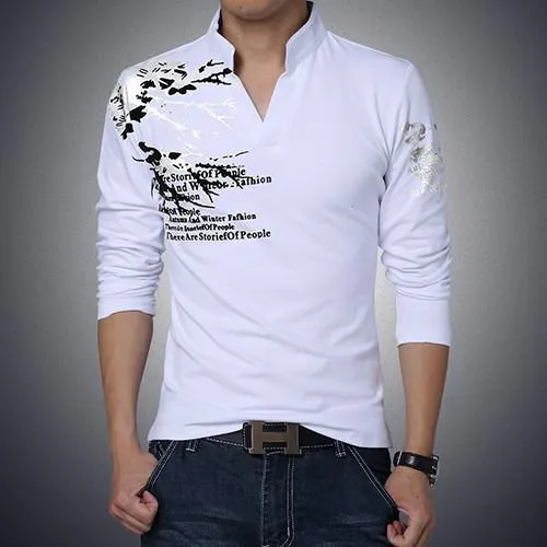 Men's Fashion Print High Collar V-Neck Polo Up To 5XL