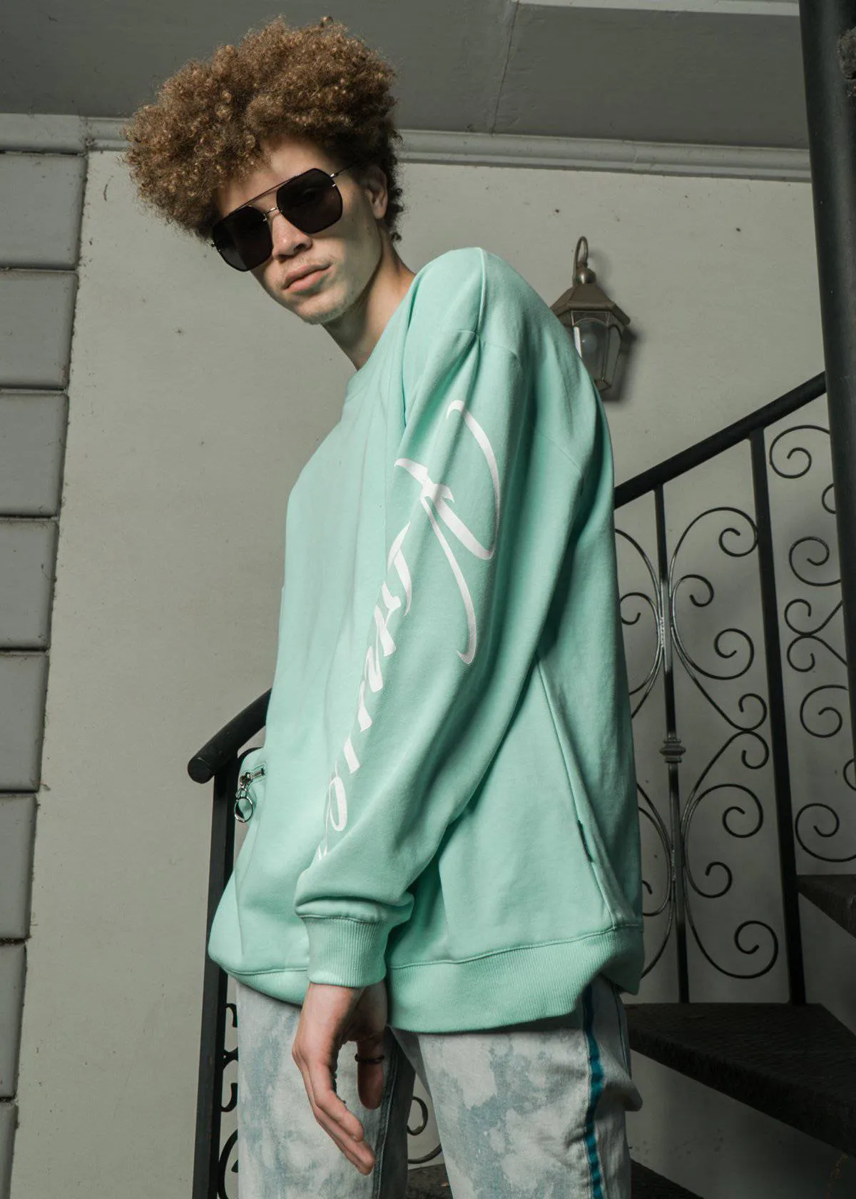 Men's Oversized Zip Pocket Sweatshirt In Mint