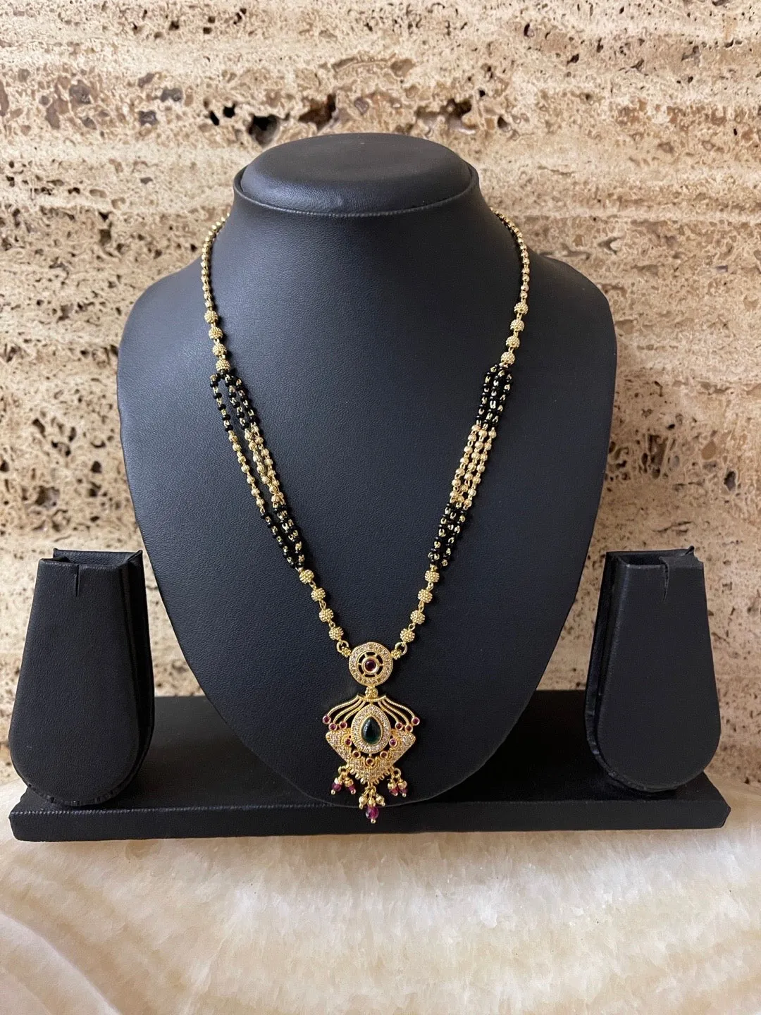 Modern Short Mangalsutra Designs American Diamond Fancy Pendant With Latkan Gold/Black Beads Chain