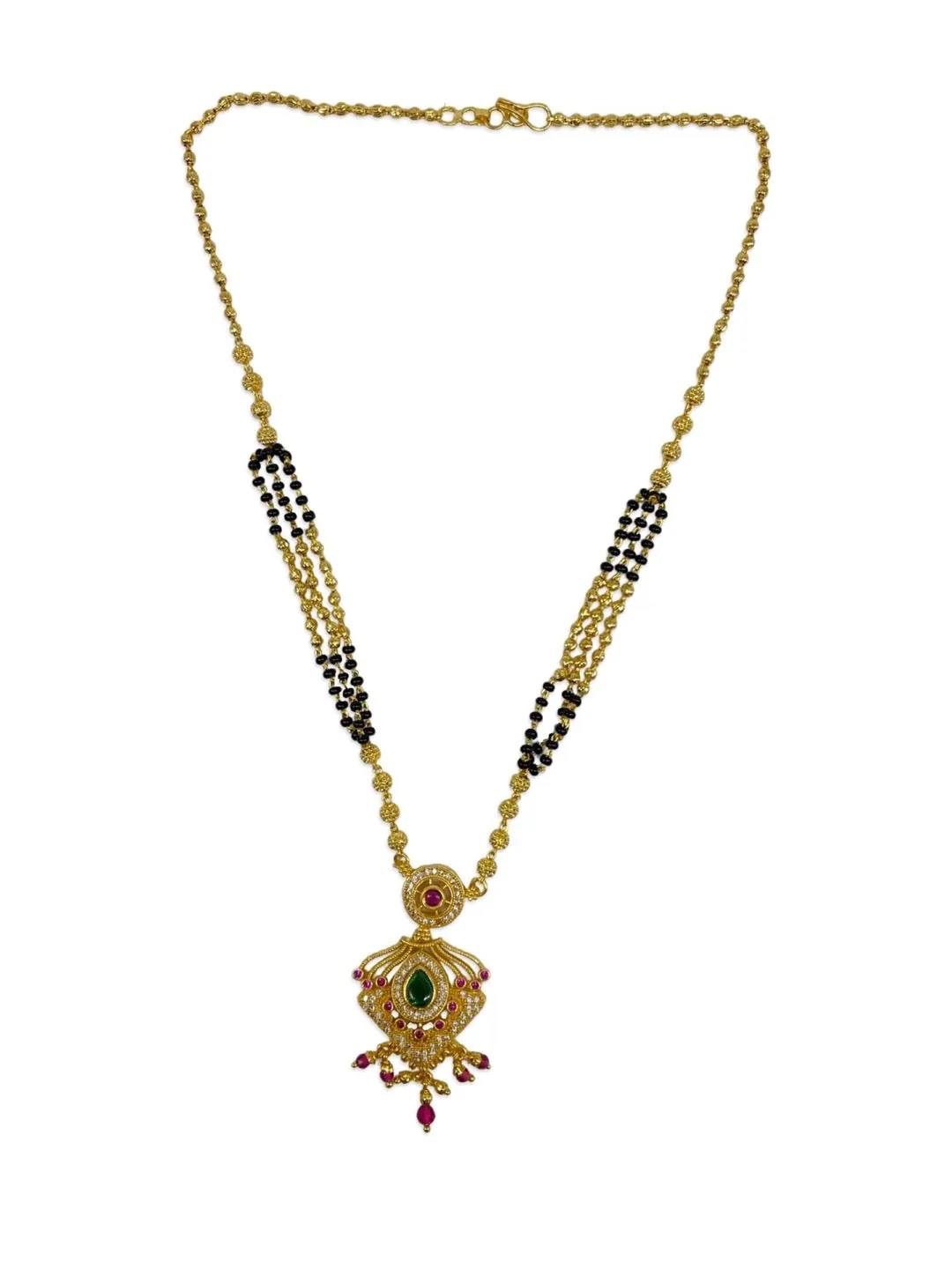 Modern Short Mangalsutra Designs American Diamond Fancy Pendant With Latkan Gold/Black Beads Chain