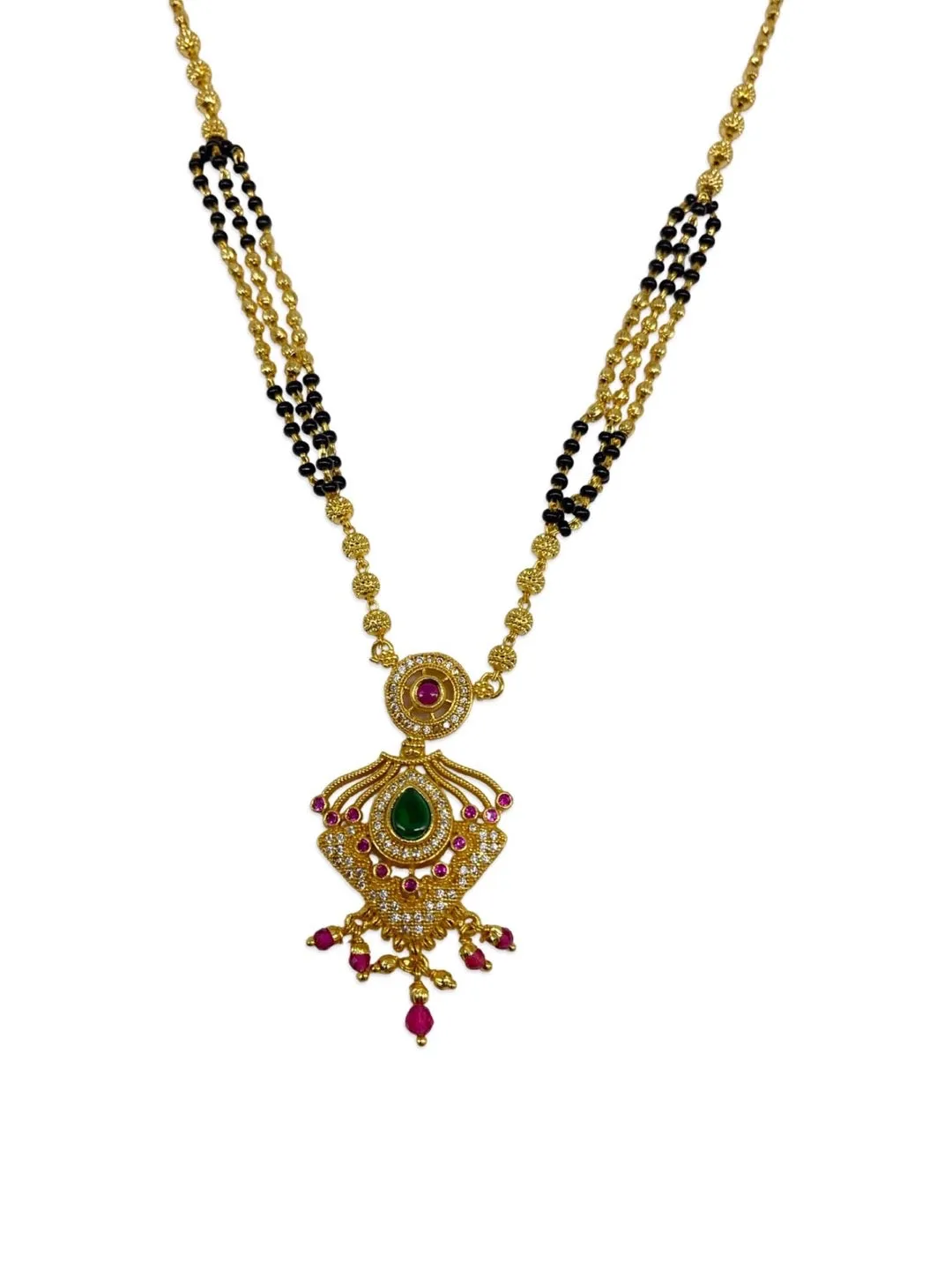 Modern Short Mangalsutra Designs American Diamond Fancy Pendant With Latkan Gold/Black Beads Chain