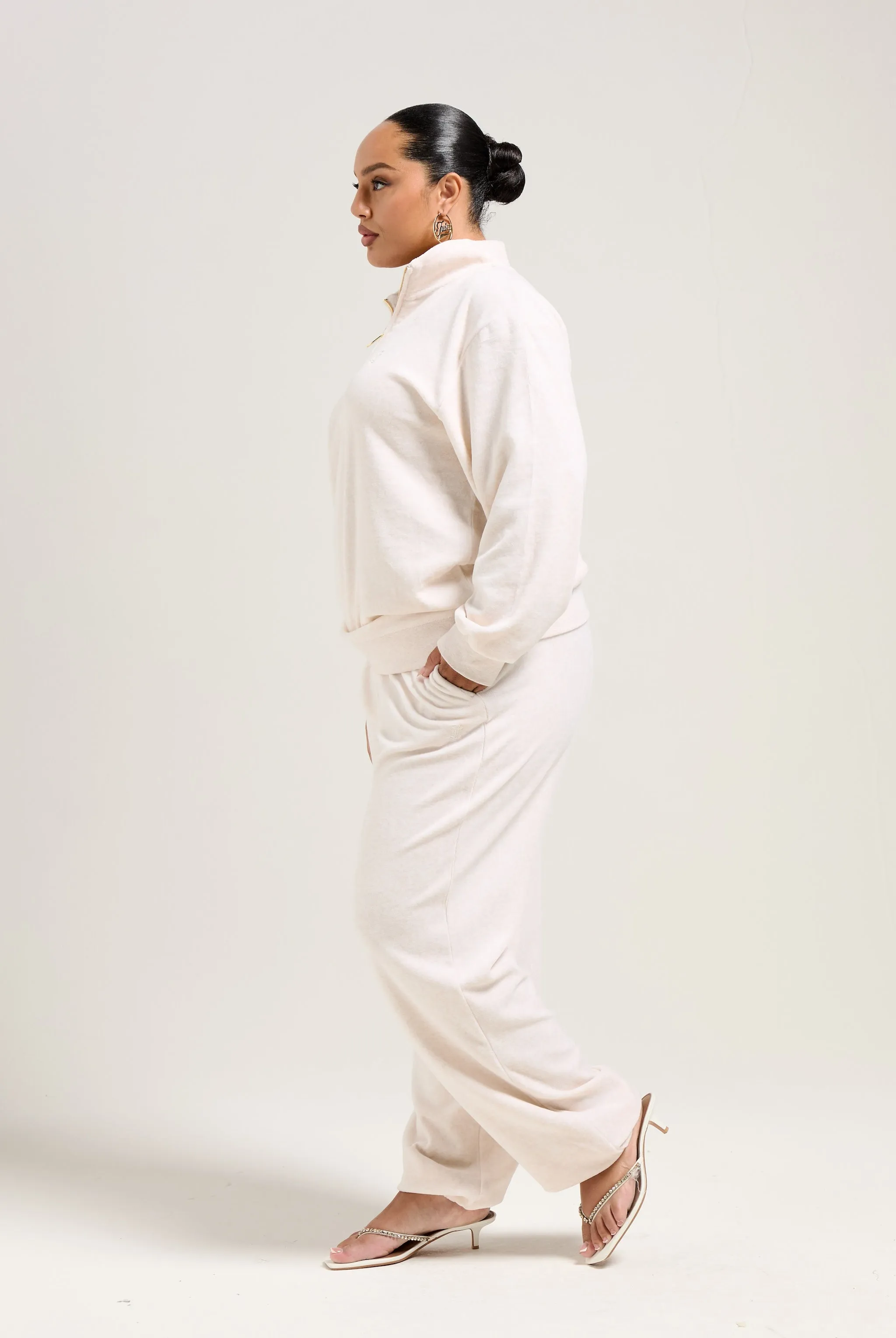 OATMEAL MARL/ GOLD OVERSIZED QUARTER ZIP COTTON VELOUR TRACK TOP