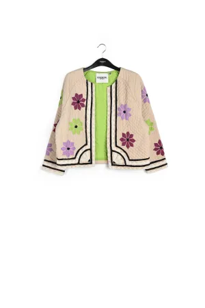 Off-white quilted jacket with flower patches