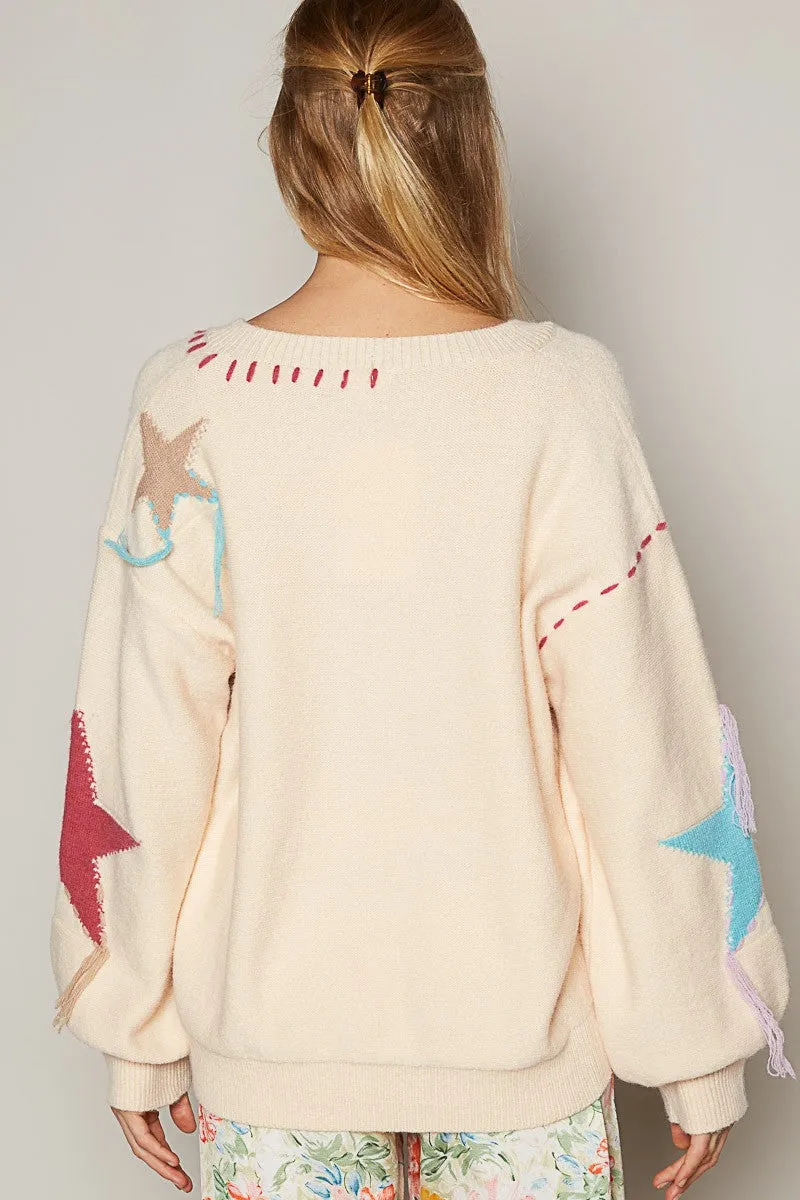 Oversize v-neck balloon sleeve star frin