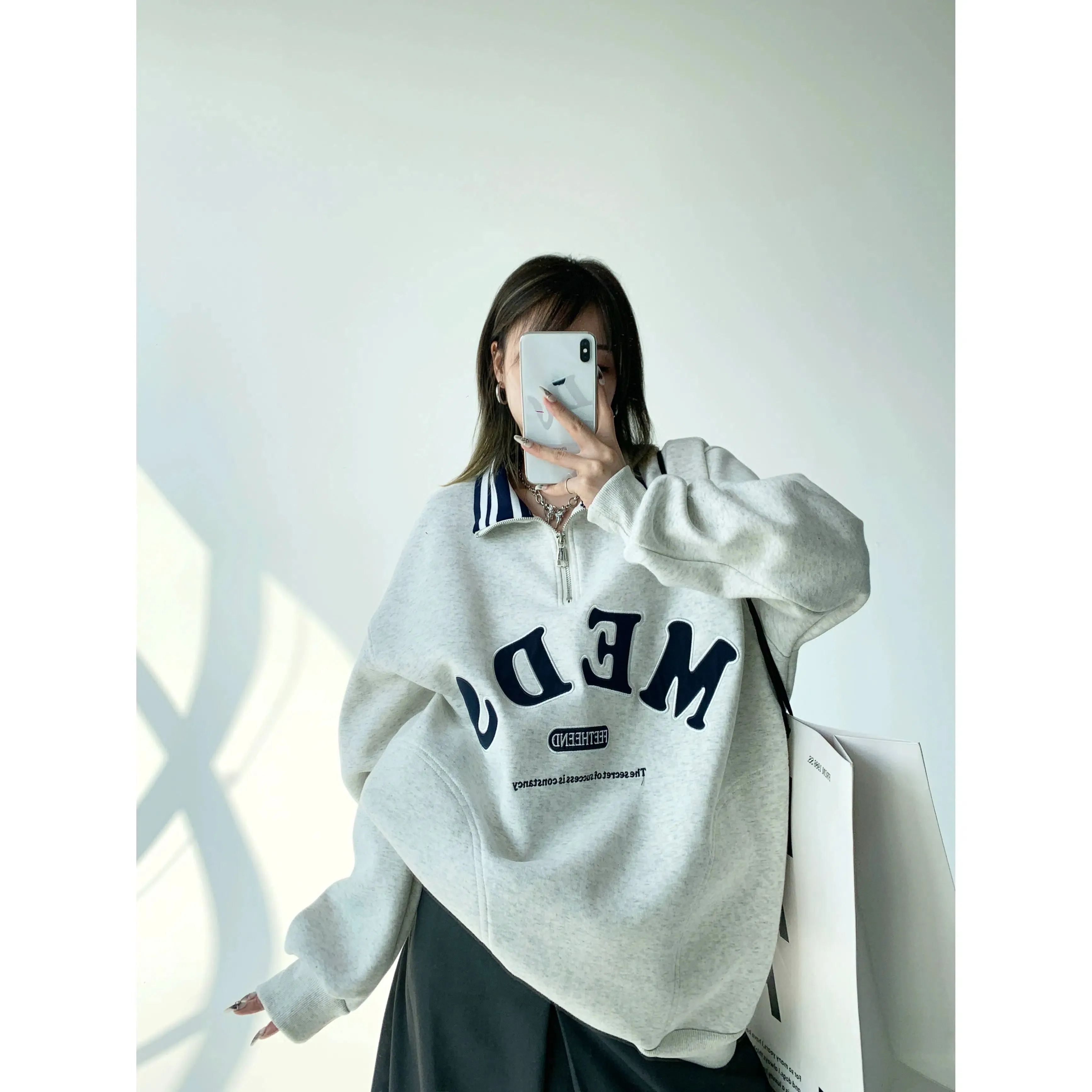 Oversized Embroidery Polo Sweatshirt
