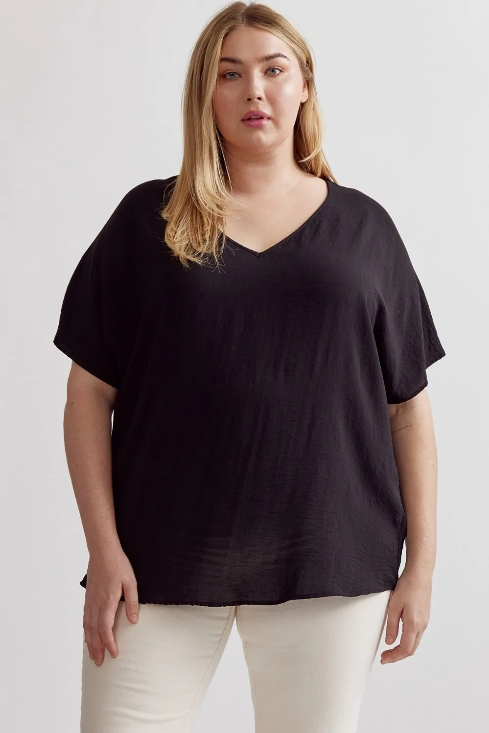 Plus Size V-Neck Loose Top- Black