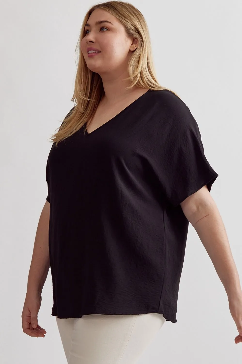 Plus Size V-Neck Loose Top- Black