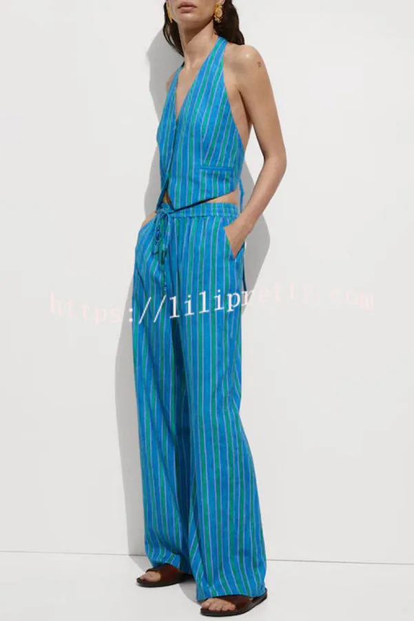 Regine Linen Blend Striped Button Halter Backless Vest and Elastic Waist Pocket Pants Set