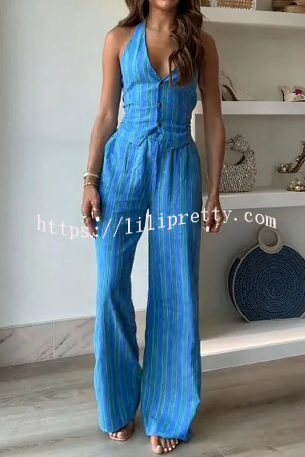 Regine Linen Blend Striped Button Halter Backless Vest and Elastic Waist Pocket Pants Set