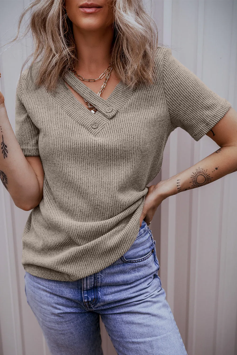 Ribbed Strappy V Neck Tee