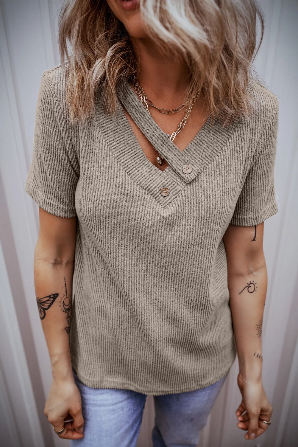 Ribbed Strappy V Neck Tee