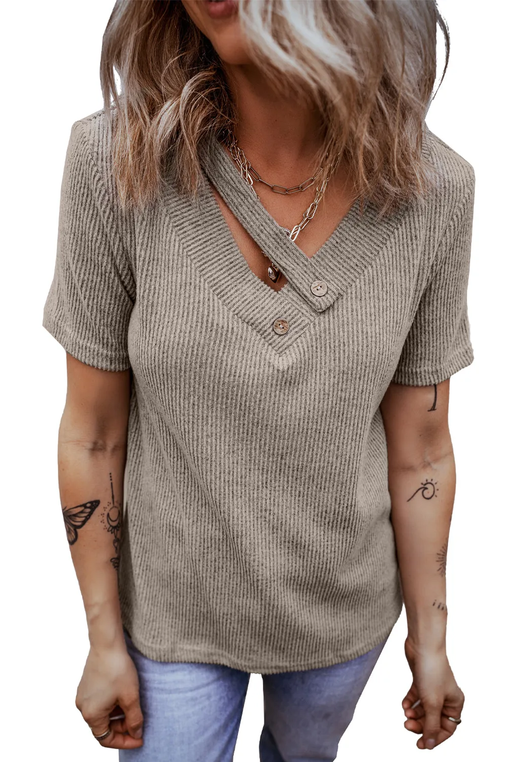 Ribbed Strappy V Neck Tee