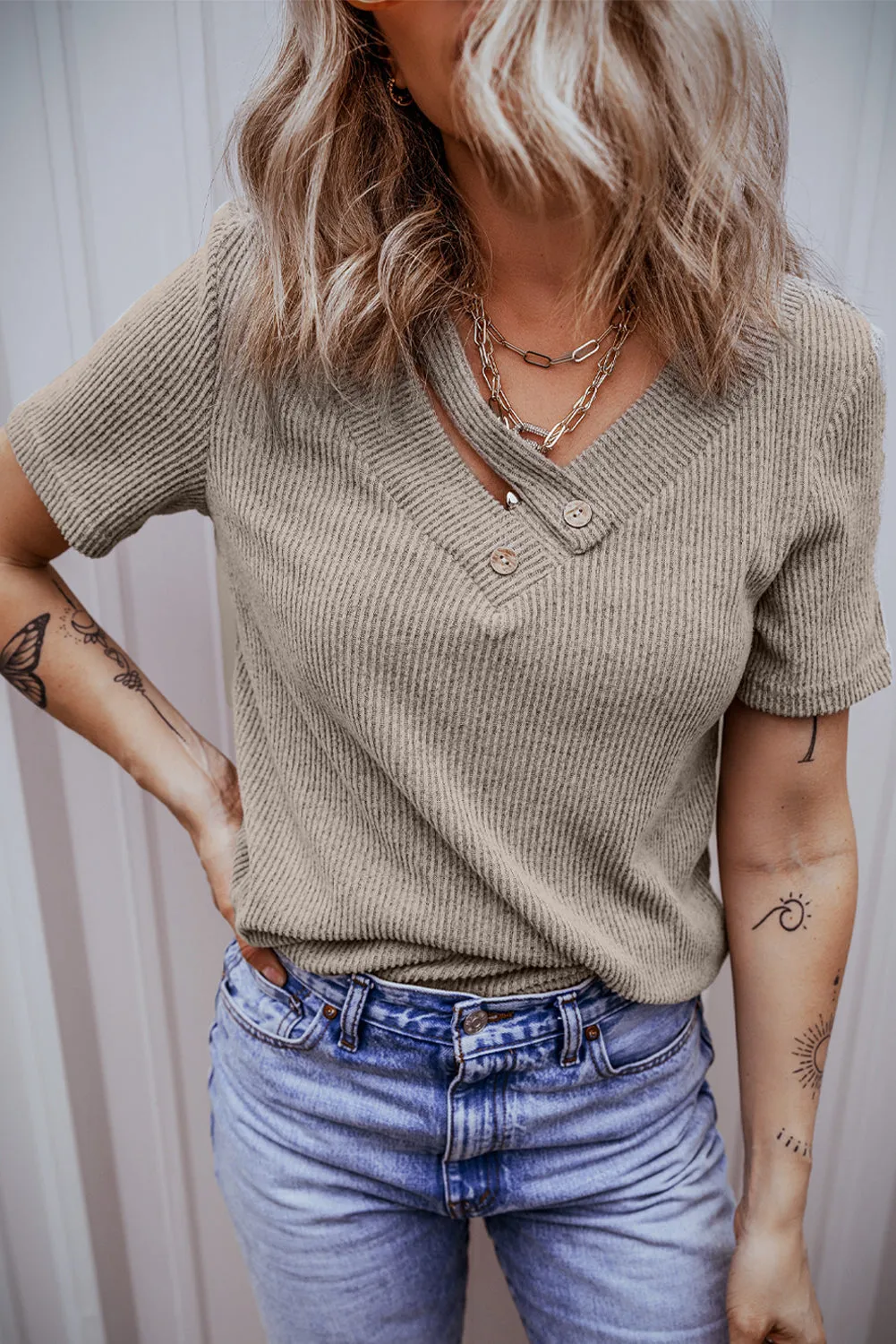 Ribbed Strappy V Neck Tee