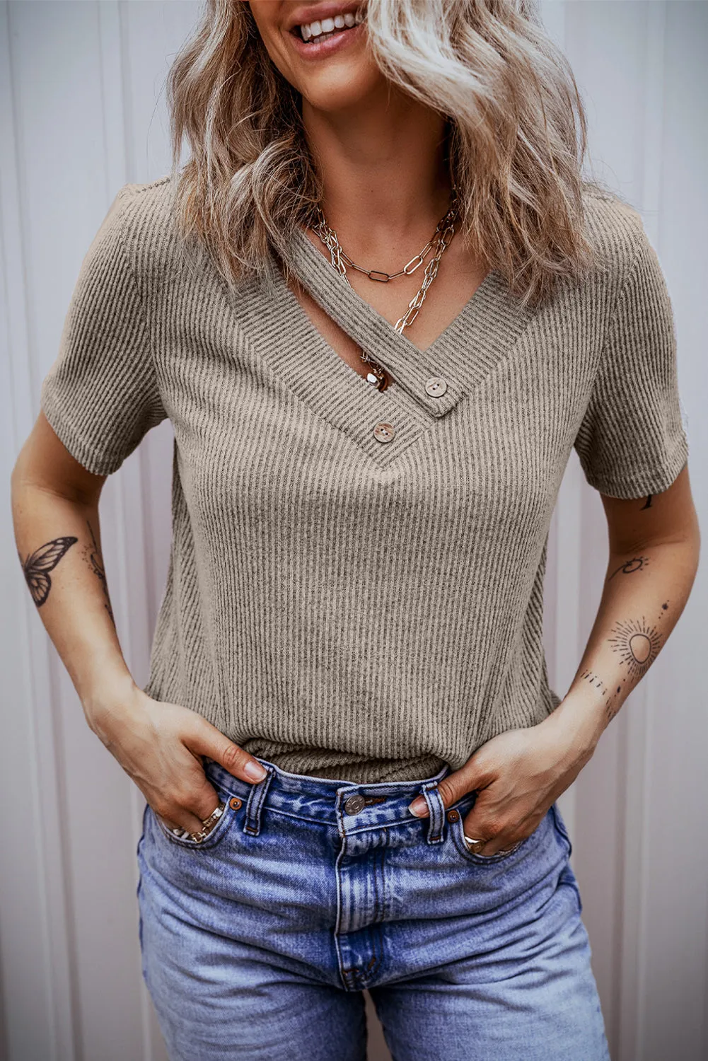 Ribbed Strappy V Neck Tee