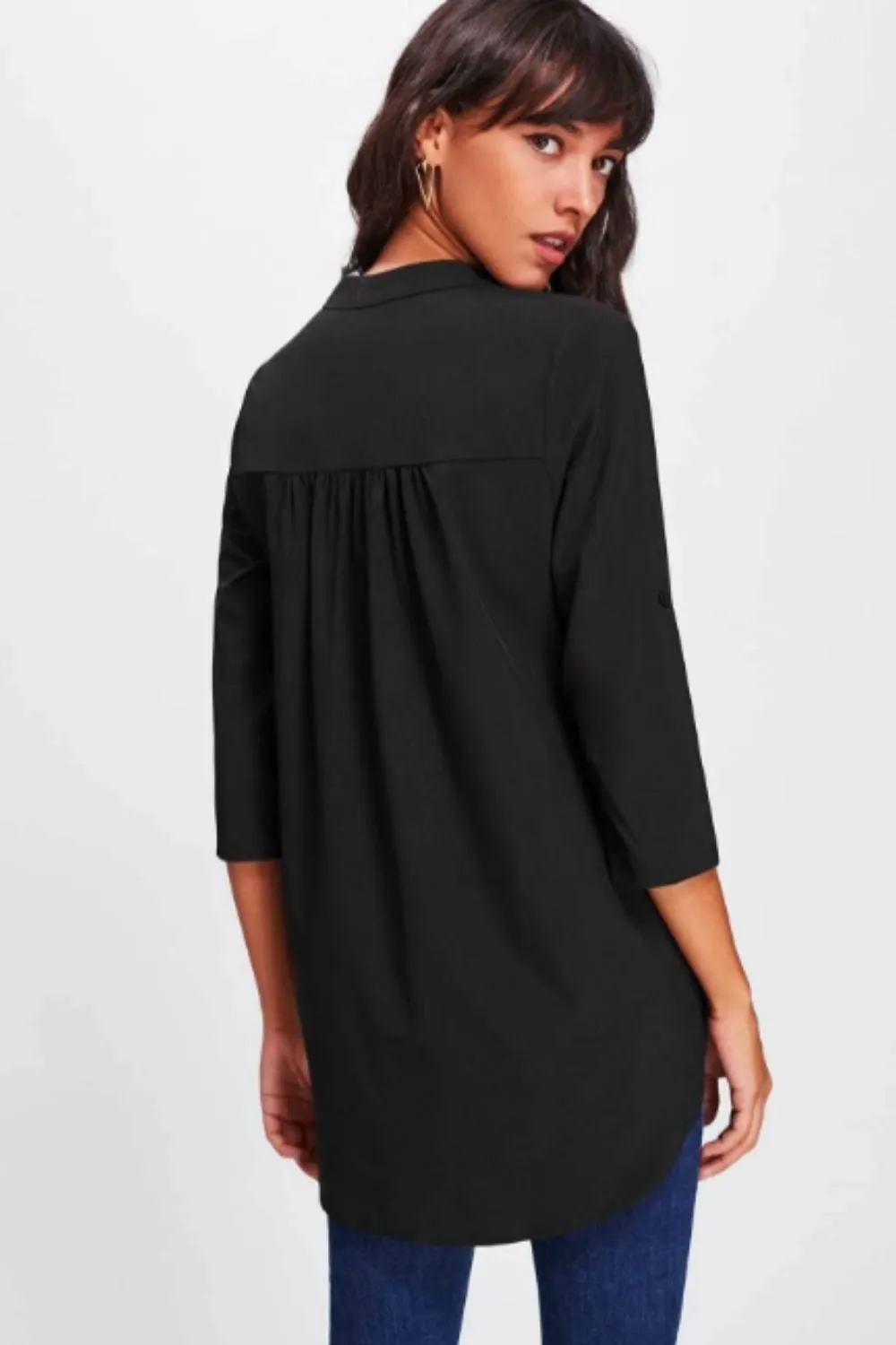 Roll Tab Sleeve Curved Hem Longline Top