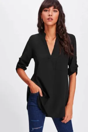 Roll Tab Sleeve Curved Hem Longline Top