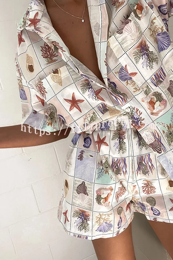 Sea Shell Linen Blend Unique Print Loose Button Shirt and Elastic Waist Pocket Shorts Set