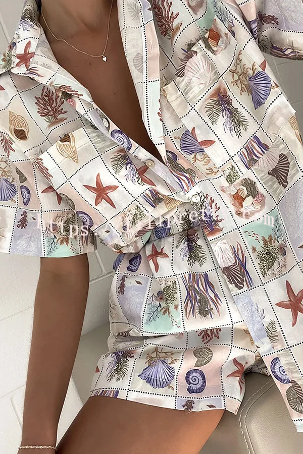 Sea Shell Linen Blend Unique Print Loose Button Shirt and Elastic Waist Pocket Shorts Set