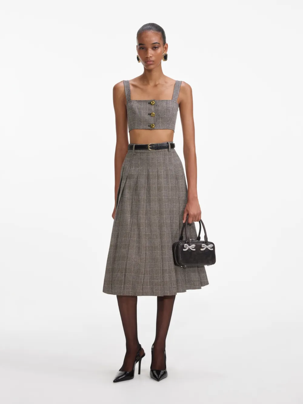 Self Portrait Check Pleated Midi Skirt Brown