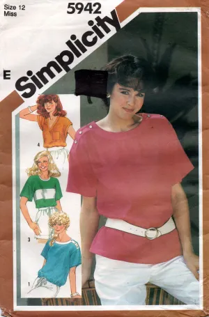 Simplicity 5942 Womens Pullover Tops with Shoulder Snaps 1980s Vintage Sewing Pattern Size 12 Bust 34 inches
